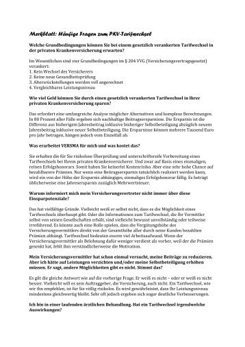 Merkblatt: Häufige Fragen zum PKV-Tarifwechsel - VERSMA