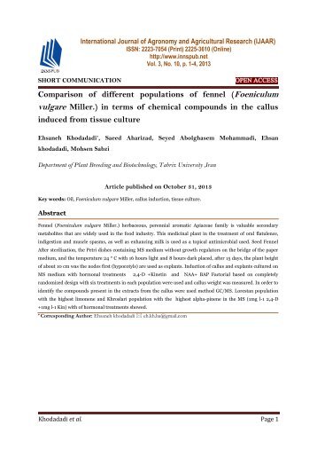 Comparison  of  different  populations  of  fennel  (Foeniculum  vulgare  Miller.)  in  terms  of  chemical  compounds  in  the  callus  induced from tissue culture