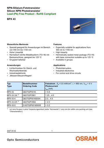 BPX 43 NPN-Silizium-Fototransistor Silicon NPN Phototransistor ...