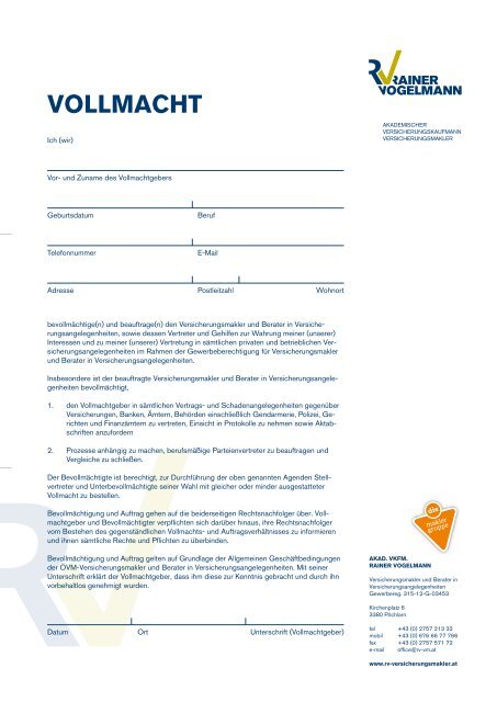 Vollmacht [85 KB] - RV-Versicherungsmakler Rainer Vogelmann ...