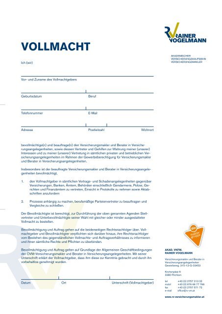 Vollmacht kfz versicherungsangelegenheiten