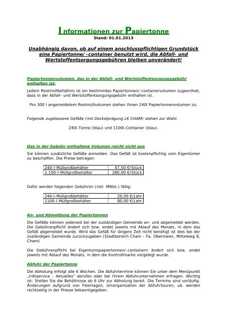 Informationen zur Papiertonne - Kreiswerke Cham