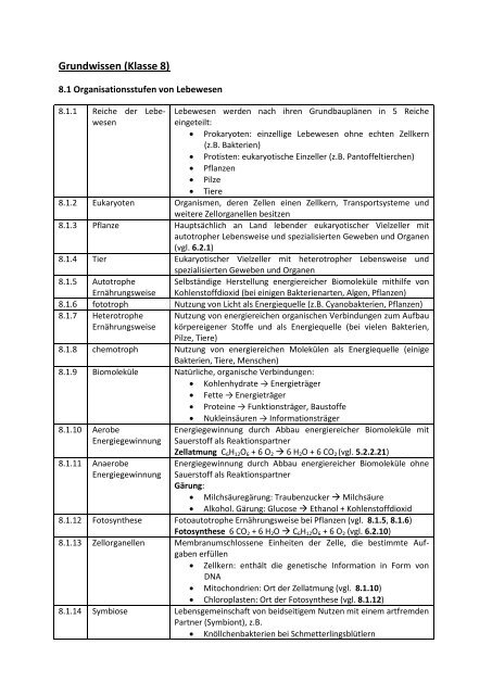 Grundwissenskatalog Biologie – 8. Klasse