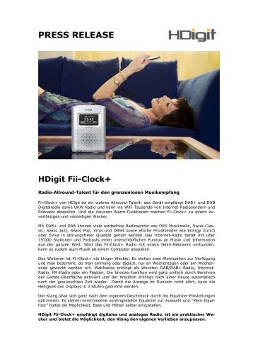 Pressemitteilung HDigit Fii-Clock+ - Radio-Programm.ch
