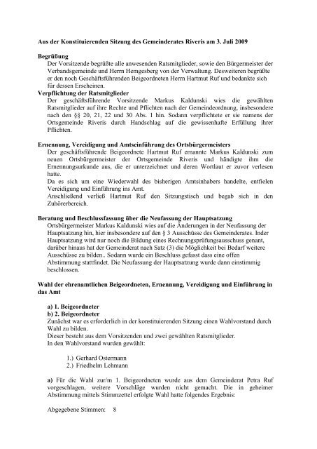 Aus der Konstituierenden Sitzung des Gemeinderates Riveris am 3