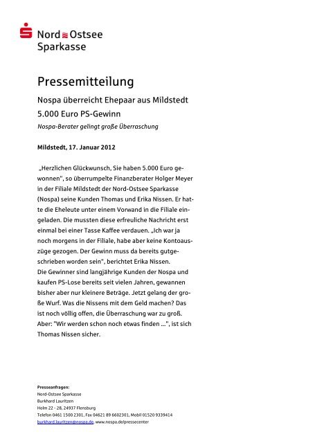 Nospa überreicht Ehepaar aus Mildstedt 5.000 Euro PS-Gewinn