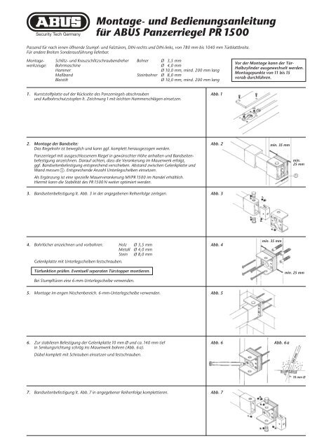 Montage- und Bedienungsanleitung für ABUS Panzerriegel PR 1500