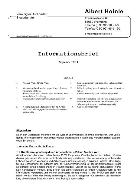 Informationsbrief - Steuerberater Albert Hoinle Wemding
