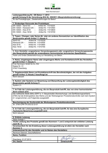 Leistungserklärung Nr. 1/2013 Gesteinskörnungen ... - Fritz Herrmann