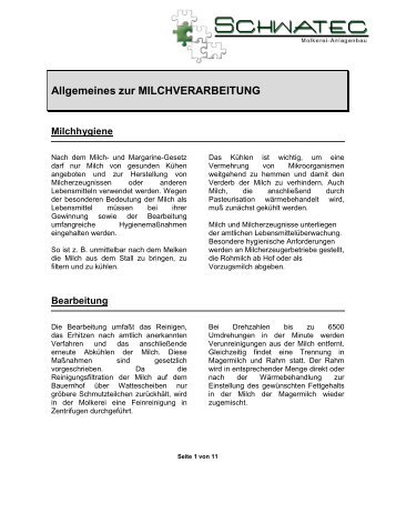 Allgemeines zur MILCHVERARBEITUNG - Schwatec