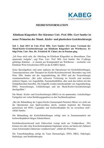 Prof. DDr. Gert Santler ist neuer Primarius der Mund-Kiefer - Kabeg