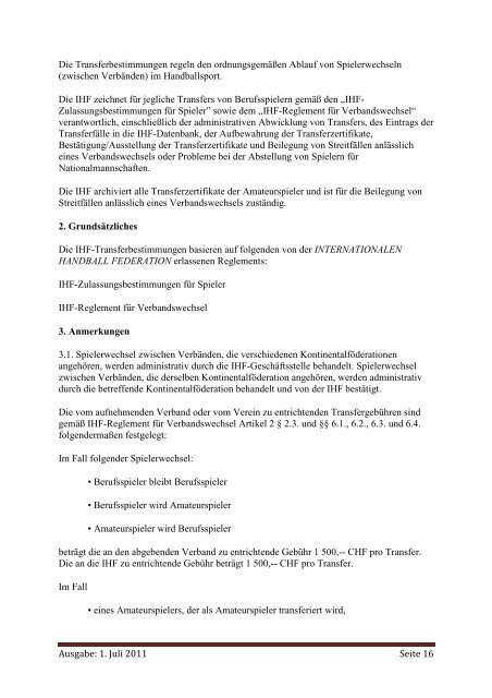 Reglement für Verbandswechsel - European Handball Federation