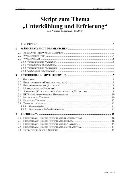 Skript Zum Thema Unterkuhlung Und Erfrierung Fangmann