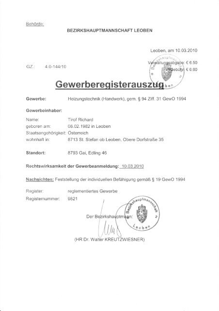 Gewerbeschein - Tirof Richard - Heizungstechnik