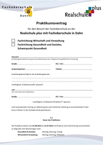 Praktikumsvertrag Realschule plus mit Fachoberschule in Dahn