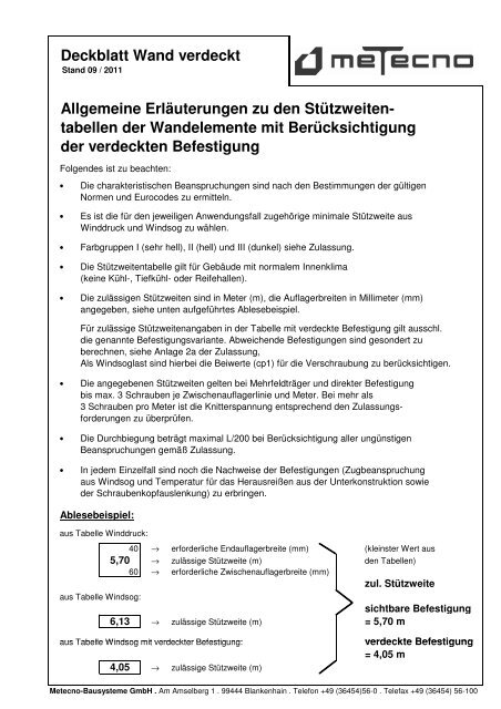 Stützweitentabelle - Metecno Trading GmbH