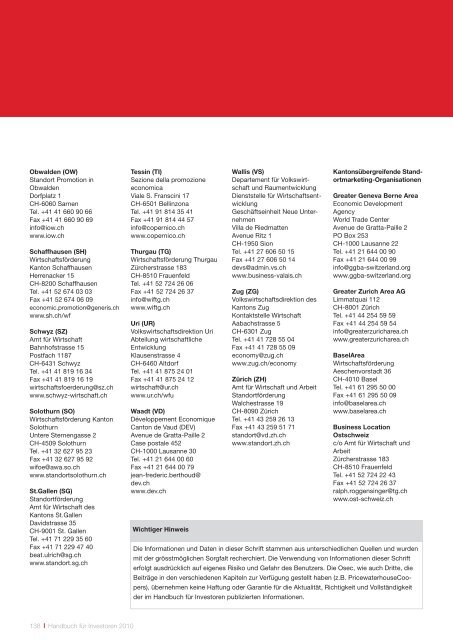 Handbuch für Investoren. Unternehmensansiedlung in der Schweiz.