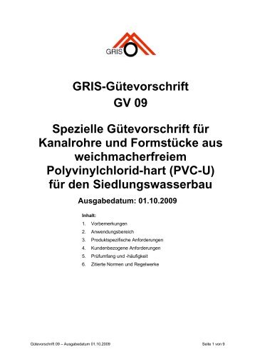 Spezielle Gütevorschrift für Kanalrohre und Formstücke aus - GRIS