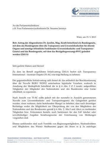 An die Parlamentsdirektion z.H. Frau Parlamentsvizedirektorin Dr ...