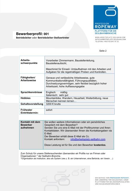 Bewerberprofil: 001 - Arbeitsplatz Seilbahn