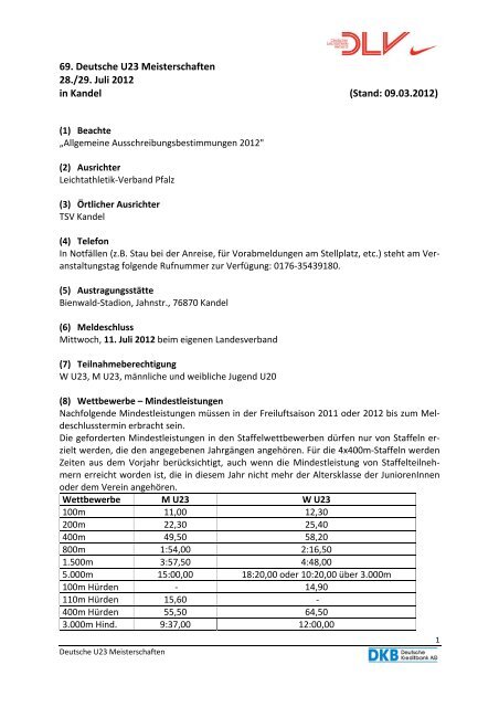 69. Deutsche U23 Meisterschaften 28./29. Juli 2012 in Kandel ...