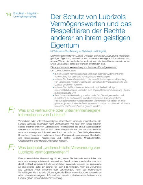 Ehrlichkeit + Integrität = Unternehmenserfolg - Lubrizol