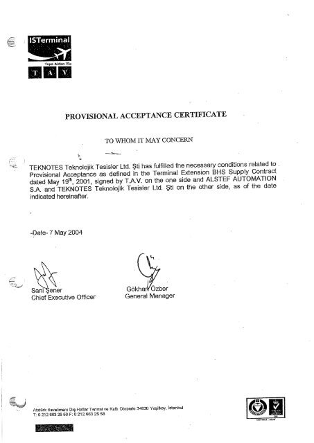 PROVISIONAL ACCEPTANCE CERTIFICATE - TEKNOTES