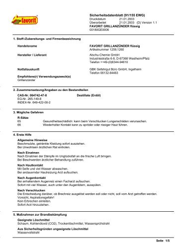 Sicherheitsdatenblatt (91/155 EWG) - Fischer GmbH – Ofenrohre ...