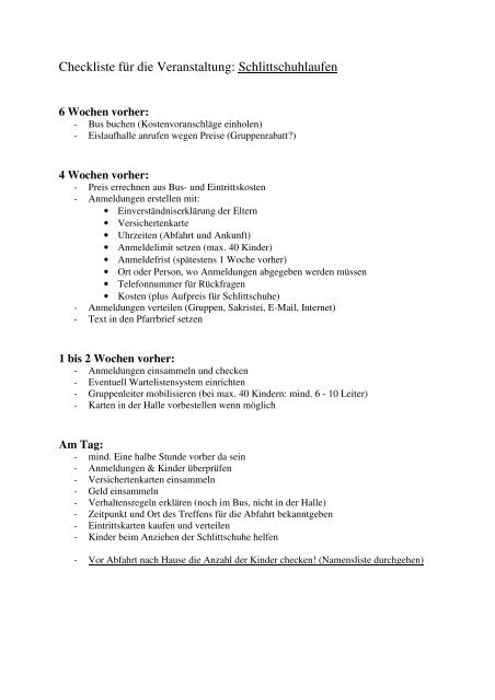 Checkliste für die Veranstaltung: Schlittschuhlaufen
