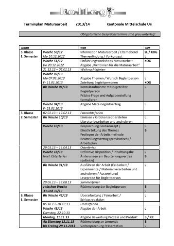 Terminplan Maturaarbeit 2013/14 Kantonale Mittelschule Uri