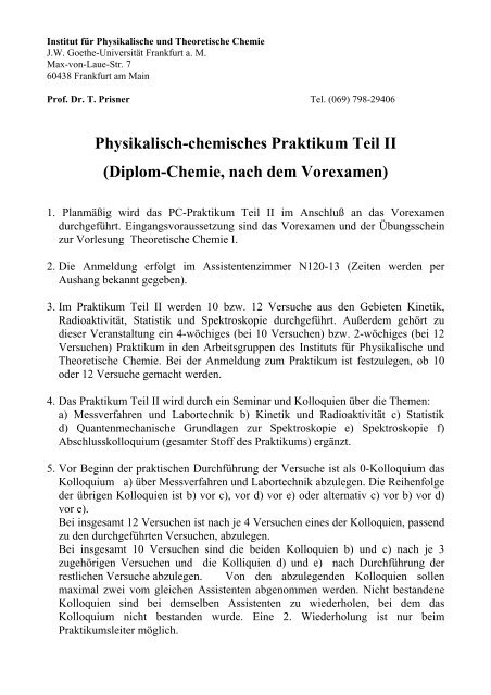 Praktikum Physikalische Chemie Teil II (Diplom-Studiengang Chemie)
