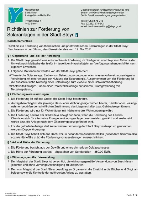 Richtlinien zur Förderung von Solaranlagen in der Stadt Steyr