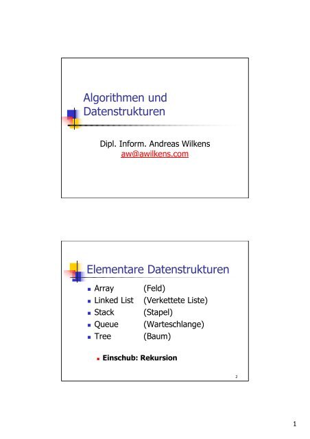 Algorithmen und Datenstrukturen Elementare Datenstrukturen