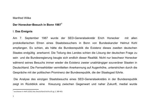 Der Honecker-Besuch in Bonn 1987 - Prof. Manfred Wilke