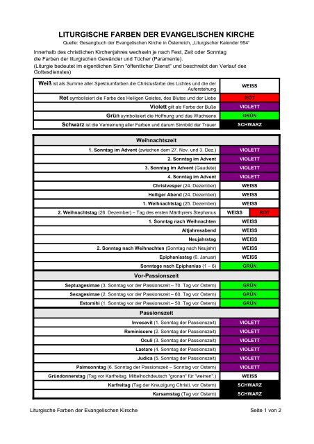 LITURGISCHE FARBEN DER EVANGELISCHEN KIRCHE