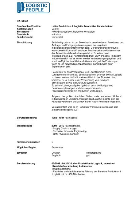 Nr 34162 Gewunschte Position Leiter Produktion Logistik