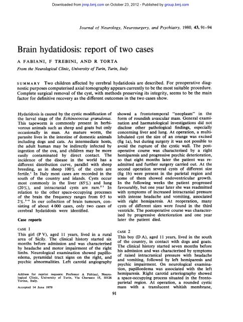 Brain Hydatidosis Report Of Two Cases Journal Of Neurology