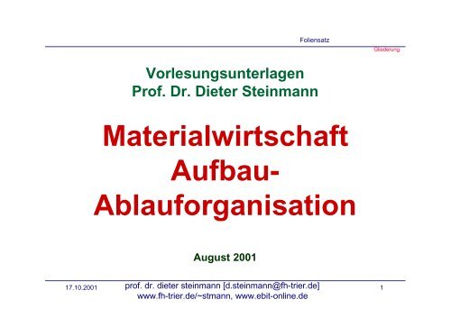 Materialwirtschaft Aufbau - Prof Dr Dieter Steinmann FH Trier