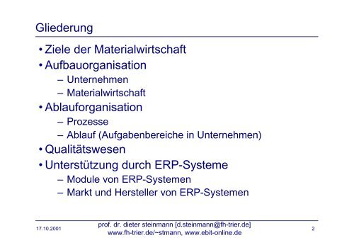 Materialwirtschaft Aufbau - Prof Dr Dieter Steinmann FH Trier