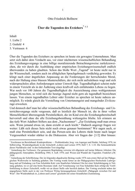 Otto Friedrich Bollnow Über die Tugenden des Erziehers
