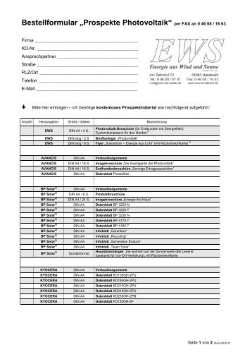 Bestellformular „Prospekte Photovoltaik“ - EWS GmbH & Co. KG