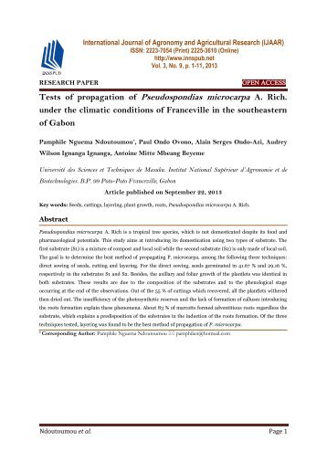 Tests  of  propagation  of  Pseudospondias  microcarpa  A.  Rich.  under the climatic conditions of Franceville in the southeastern  of Gabon