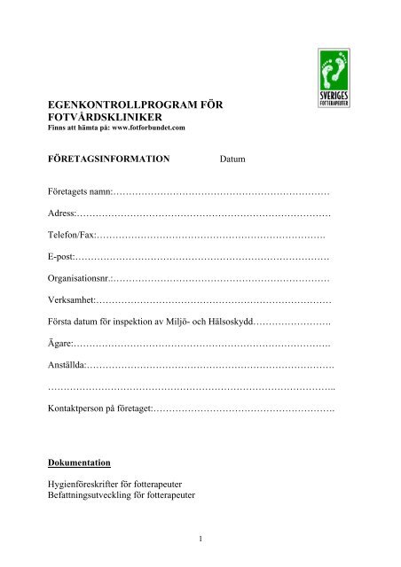 Egenkontrollprogram For Fotvardskliniker