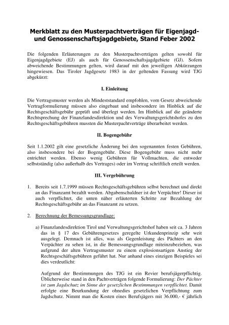 Merkblatt zu den Musterpachtverträgen - Tiroler Jägerverband