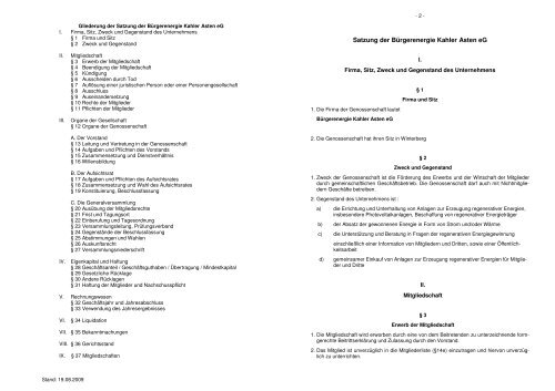 Satzung der Bürgerenergie Kahler Asten eG