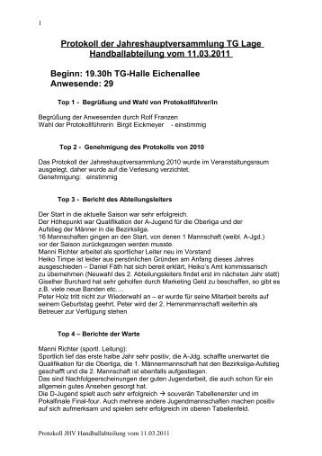 Protokoll der Jahreshauptversammlung TG Lage Handballabteilung ...