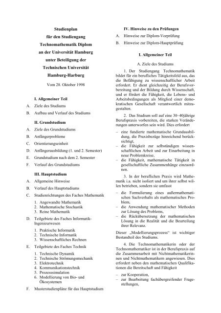 Studienplan Fachbereich Mathematik Universität Hamburg - 