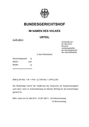 BGH - 24.05.2012 - IX ZR 168/11 - Rechtsberaterhaftung