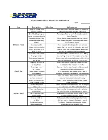 Pre-Installation Mold Checklist and Maintenance Date