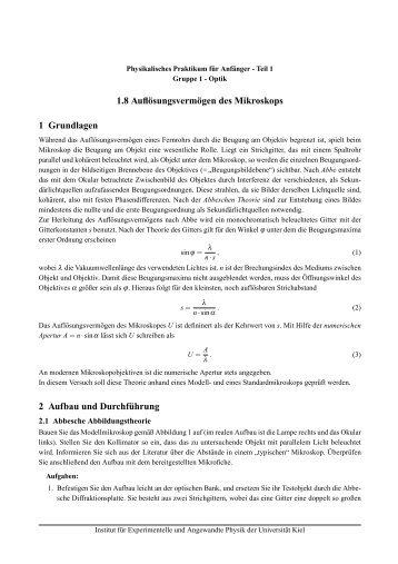 1.8 Auflösungsvermögen des Mikroskops 1 Grundlagen 2 Aufbau ...